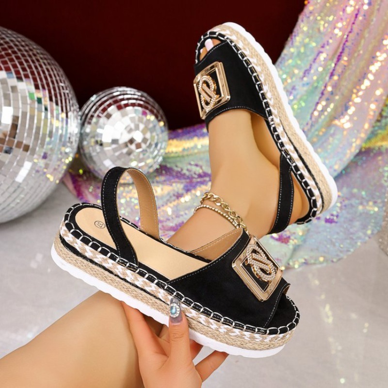 Espadrille Slip On - Bayan Platform Espadrille Sandaletler Rhinestone Metal